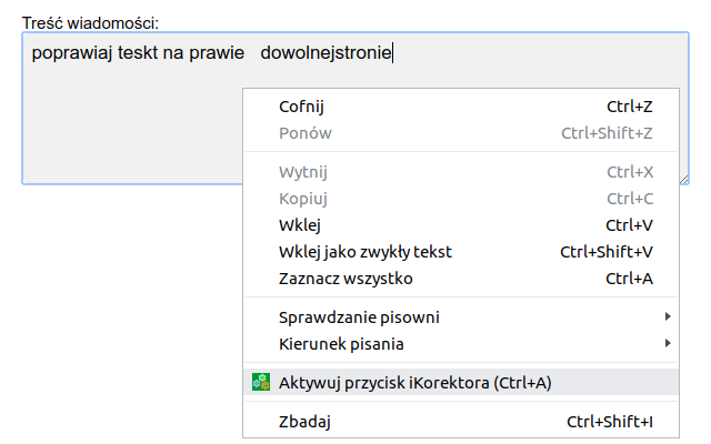 Aktywacja przycisku korektora na karcie – menu kontekstowe