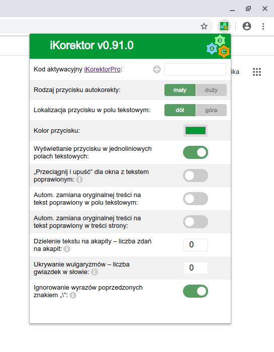 Widok ustawień dodatku